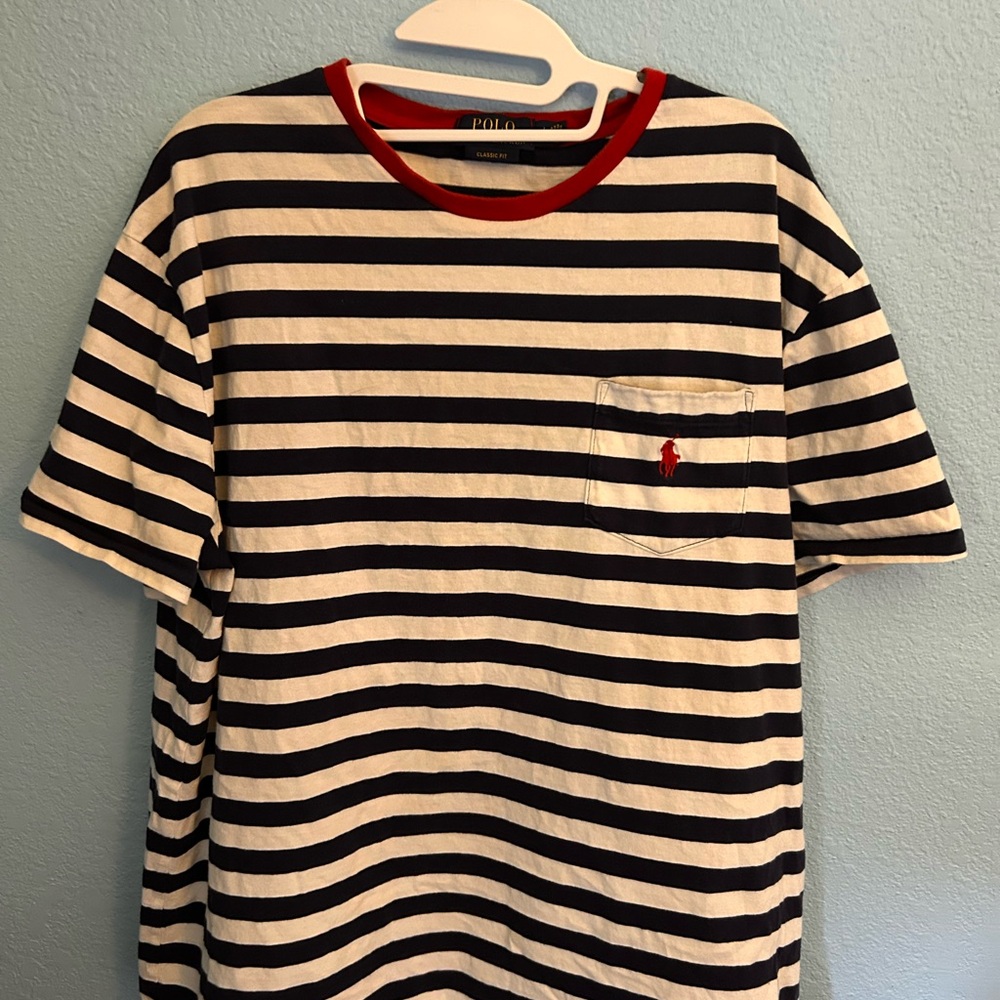 Polo by Ralph Lauren Navy & White Striped Pocket Tee with Red Trim and Pony
